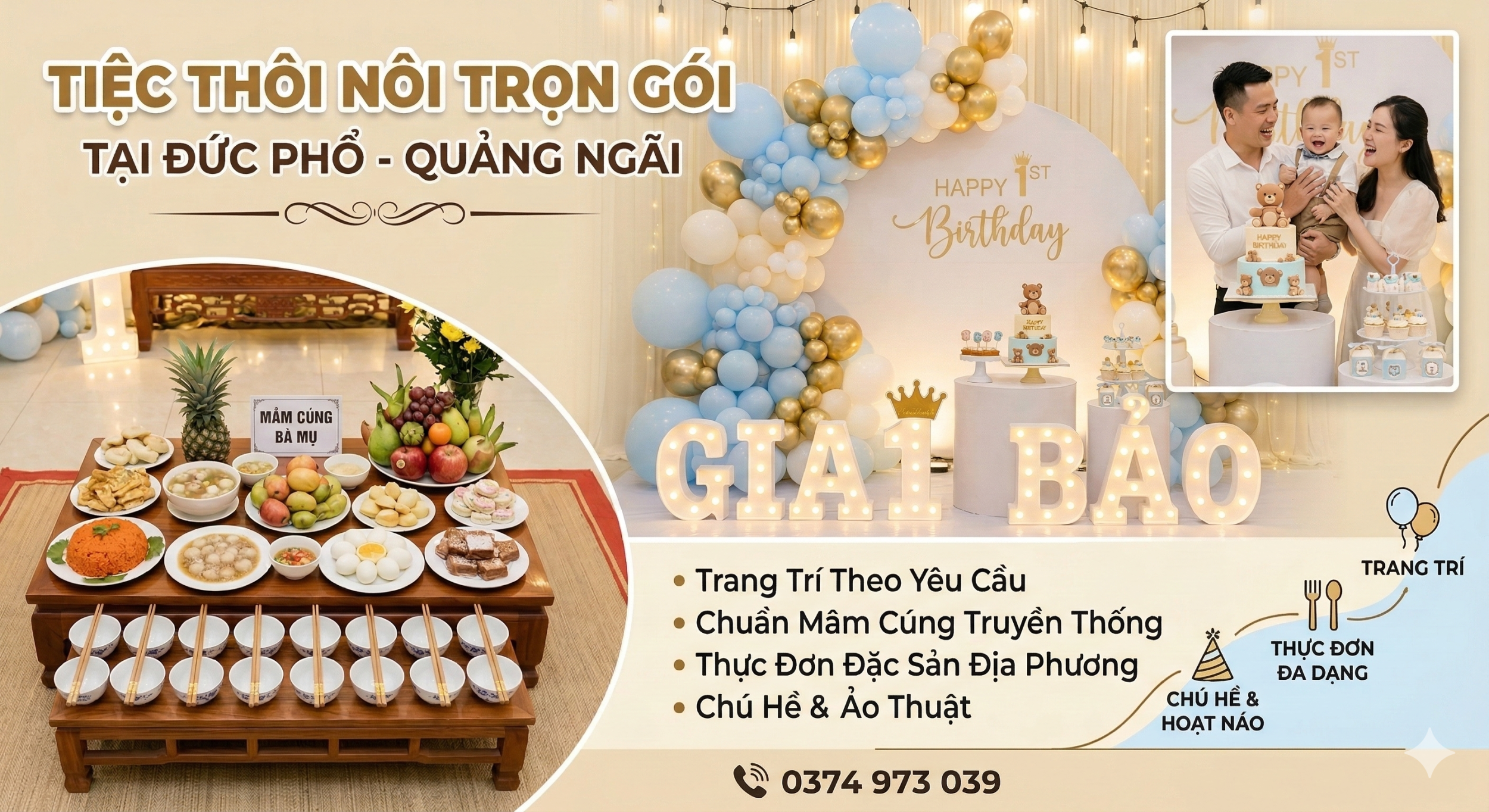 TIỆC THÔI NÔI TRỌN GÓI TẠI ĐỨC PHỔ – ĐÁNH DẤU CỘT MỐC ĐẦU ĐỜI CHO BÉ